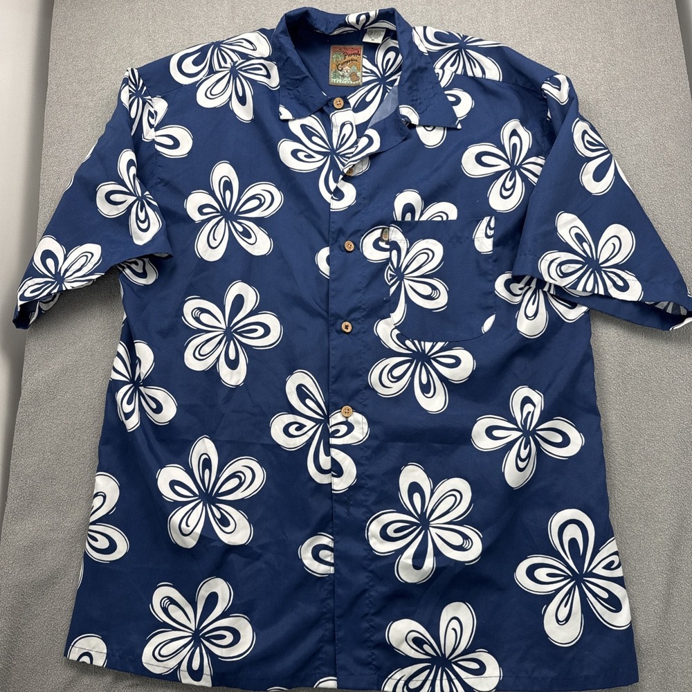 VTG 90s Pineapple Connection Hawaiian Shirt Size M Blue Rayon Hibiscus Palm Tree